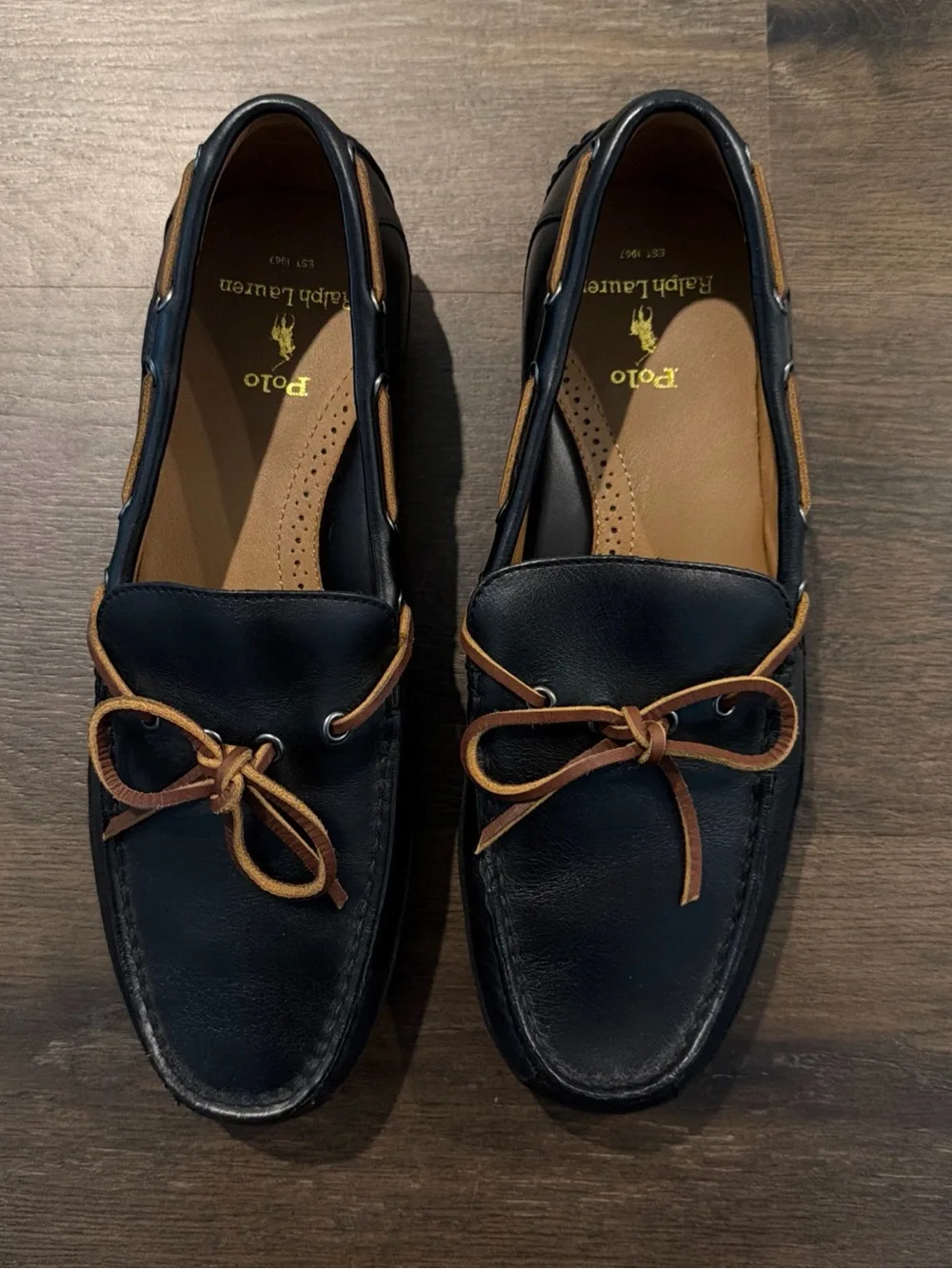 Polo by Ralph Lauren Black Leather Moccasin Loafers with Brown Laces